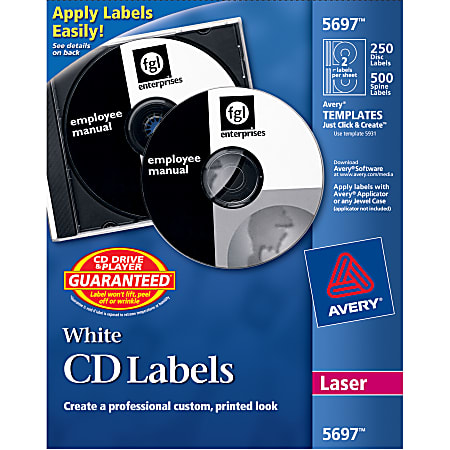 Avery® CD Labels, AVE5697, Removable Adhesive, Circle, Laser, White, 2 Per Sheet, Pack Of 250