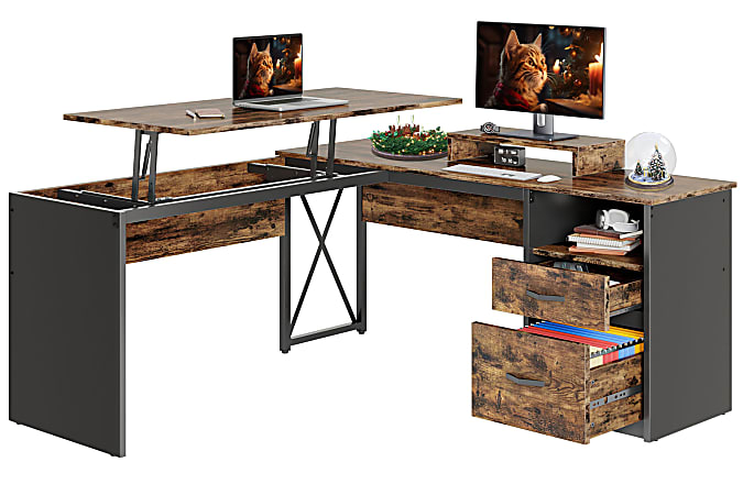 Bestier 56"W Standing Desk With Drawers & Monitor Stand, Rustic Brown