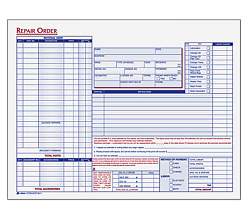 Adams Garage Repair Order Forms, 3-Part, 8 1/2" x 11 1/2", 250 Sets Per Book