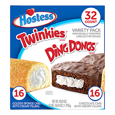 Hostess Twinkies And Ding Dongs Variety Pack, 1.31 Oz, Pack Of 32 Snacks