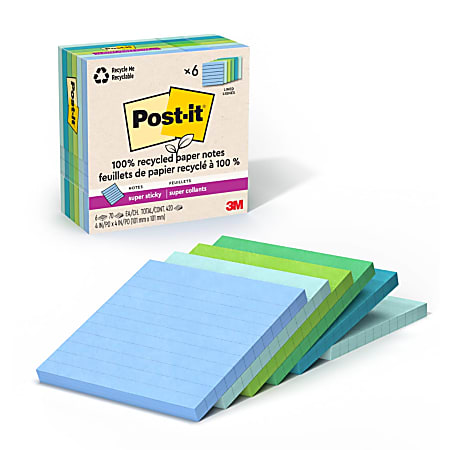 Post-it Paper Super Sticky Notes, 420 Total Notes, Pack Of 6 Pads, 4" x 4", 100% Recycled, Oasis, 70 Sheets Per Pad