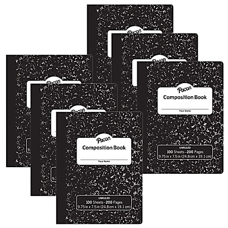 Pacon Composition Books, Unruled 9-3/4" x 7-1/2", Black Marble, 100 Sheets, Pack Of 6 Books