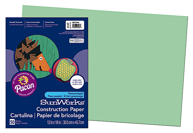 SunWorks® Construction Paper, 12" x 18", Light Green, Pack Of 50