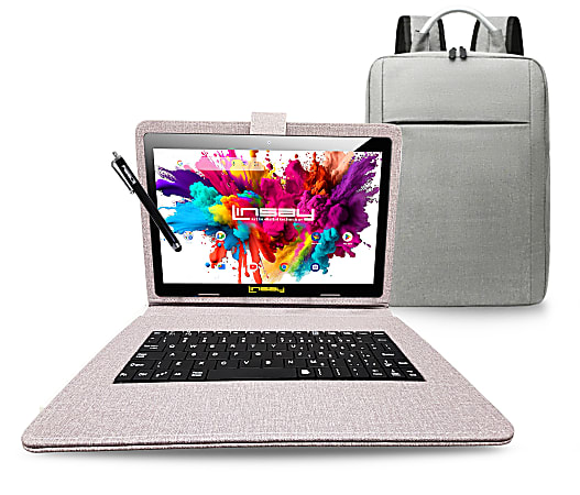 NEW LINSAY® 10.1" Octa Core 256GB STORAGE ANDROID 15 BUNDLE with PURPLE DESIGNER CLOTH KEYBOARD CASE, STYLISH COMPACT BACKPACK and PEN STYLUS