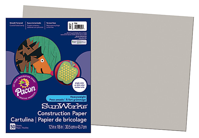 SunWorks® Construction Paper, 12" x 18", Gray, Pack Of 50