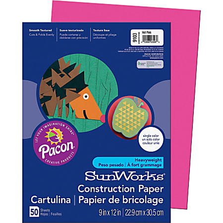 Pacon® SunWorks® Multipurpose Construction Paper, 12" x 9", Hot Pink, Pack Of 50 Sheets