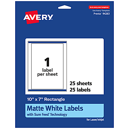 Avery® Permanent Labels With Sure Feed®, 94263-WMP25, Rectangle, 10" x 7", White, Pack Of 25