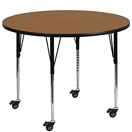 Flash Furniture Mobile Height Adjustable Thermal Laminate Round Activity Table, 30-3/8”H x 60''W, Oak