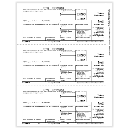 ComplyRight® 1098-T Tax Forms, 3-Up, Filer Copy C And/Or State Copy, Laser, 8-1/2" x 11", White, Pack Of 150 Forms