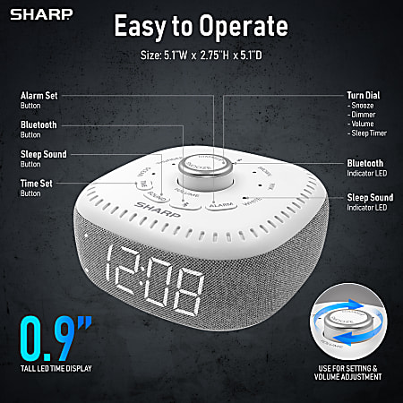 Sharp White Noise Machine Alarm Clock with Bluetooth Speaker