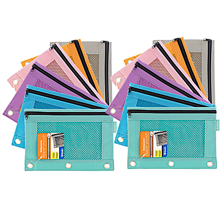 BAZIC Products 3-Ring Pencil Pouches with Mesh Windows, 9-13/16” x 7”, Retro Pastel, Pack Of 12 Pouches