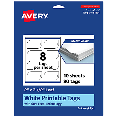 Avery® Print-To-The-Edge Tags With Sure Feed® Technology, 2"x3-1/2" Leaf, Matte White, Pack Of 80
