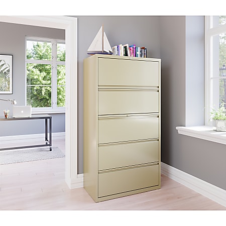 WorkPro 36 W x 18 58 D Lateral 5 Drawer File Cabinet Putty