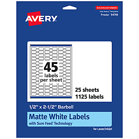 Avery® Permanent Labels With Sure Feed®, 94749-WMP25, Barbell, 1/2" x 2-1/2", White, Pack Of 1,125