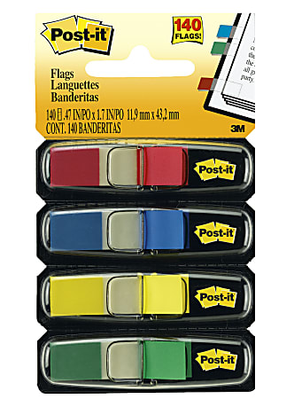 Post-it® Notes Flags, 3/8" x 1-7/10", Assorted Standard Colors, 35 Flags Per Dispenser, Pack Of 4 Dispensers