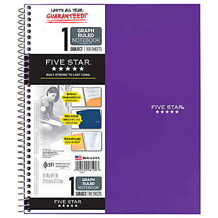 Five Star Quadrille Ruled Notebook 8 12 x 11 100 Sheets Assorted Colors No  Color Choice - Office Depot