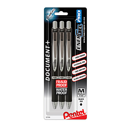 Pentel EnerGel PRO Pigment Gel Pens, Medium Point, 0.7 mm, Black Barrel, Black Ink, Pack Of 3