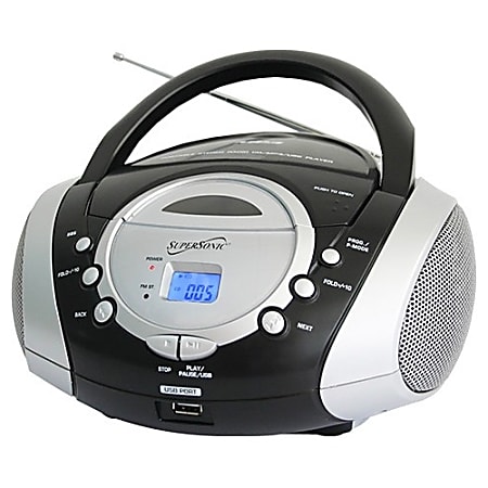 Supersonic Portable Audio System with USB Card Slot SC-508 - 1 x Disc - 2.40 W Integrated - Silver LCD - CD-DA, MP3 - 1600 kHz, 108 MHz - USB - Auxiliary Input