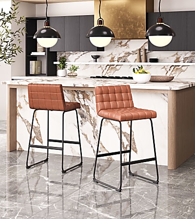 Zuo Pago Faux Leather Bar Stools With Backs, Brown/Black, Set Of 2 Stools