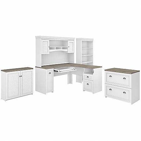 Bush Furniture Fairview 60"W L-Shaped Desk With Hutch, File Cabinet, Bookcase and Storage, Shiplap Gray/Pure White, Standard Delivery