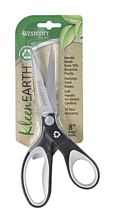 Westcott KleenEarth Soft-Handle Scissors, 8", Pointed, 30% Recycled, Black/Gray