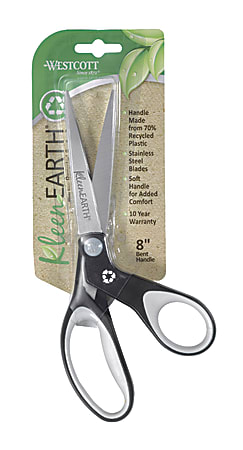 Westcott KleenEarth Bent Soft-Handle Scissors, 8", Pointed, Black/Gray