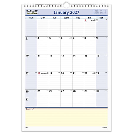 AT-A-GLANCE® QuickNotes® 2027 Monthly Desk Wall Calendar, Medium, 12" x 17"