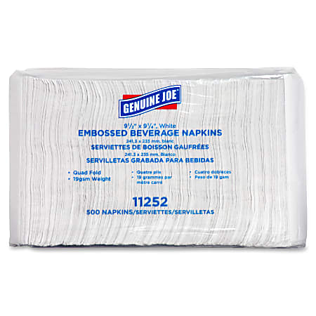 Genuine Joe Quad-fold Square Beverage Napkins - 2 Ply - 9.50" x 9.50" - White - Absorbent, Embossed, Quad-fold - For Beverage - 500 Sheets Per Pack - 4000 / Carton