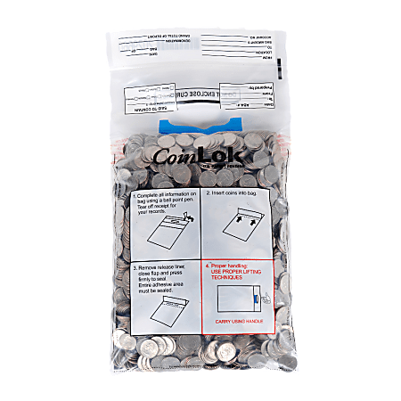 CoinLOK Tamper Evident Coin Bags, 10" x 19", Dual Handle, Clear, Pack Of 50