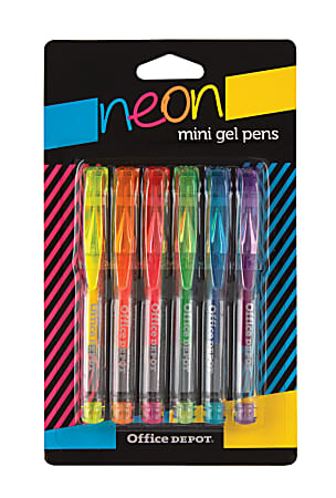 Office Depot® Brand Mini Gel Ballpoint Pens, Fine Point, 0.7 mm, Assorted Neon Colors, Pack Of 6