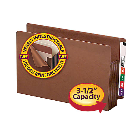 Smead® TUFF™ Pocket® End-Tab File Pocket With 2-Ply Tabs, 3 1/2" Expansion, Straight Cut, Extra-Wide Legal Size, 30% Recycled, Dark Brown