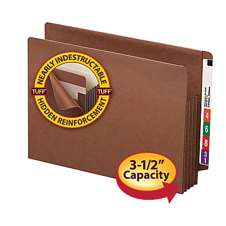 Smead® TUFF™ Pocket® End-Tab File Pocket With 2-Ply Tabs, 3 1/2" Expansion, Straight Cut, Extra-Wide Letter Size, 30% Recycled, Dark Brown