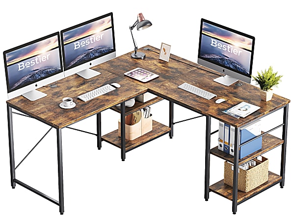 Industrial L-Shaped Desk with Storage Shelves, Corner Computer