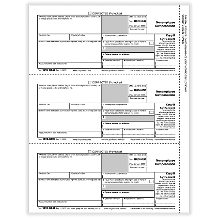 ComplyRight® 1099-NEC Tax Forms, Recipient Copy B, 3-Up, Laser, 8-1/2" x 11", Pack Of 75 Forms