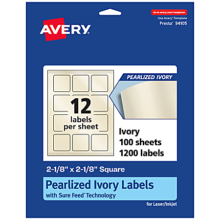 Avery® Pearlized Permanent Labels With Sure Feed®, 94105-PIP100, Square, 2-1/8" x 2-1/8", Ivory, Pack Of 1,200 Labels