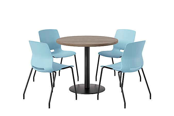 KFI Studios Midtown Pedestal Round Standard Height Table Set With Imme Armless Chairs, 31-3/4”H x 22”W x 19-3/4”D, Studio Teak Top/Black Base/Sky Blue Chairs