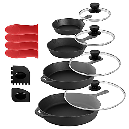 MegaChef 13-Piece Cast Iron Skillet Set With Tempered Glass Lids And Silicone Holders, Black