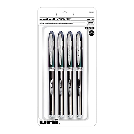 uni-ball® Vision™ Elite™ Liquid Ink Rollerball Pens, Microtip, 0.5 mm, Black Barrel, Black Ink, Pack Of 4