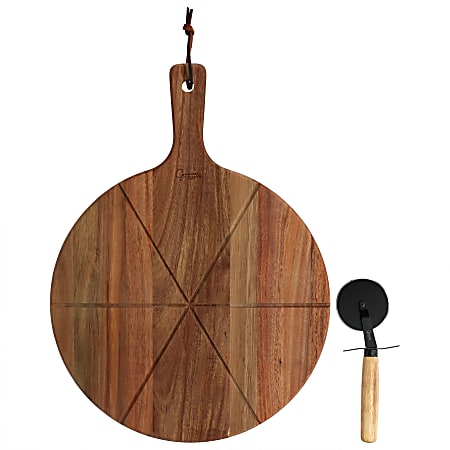 Gibson Elite 2-Piece Acacia Wood Serving Board And Pizza Cutter Set, Brown
