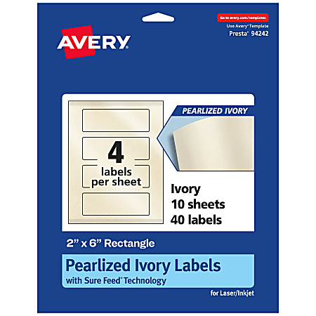 Avery® Pearlized Permanent Labels With Sure Feed®, 94242-PIP10, Rectangle, 2" x 6", Ivory, Pack Of 40 Labels