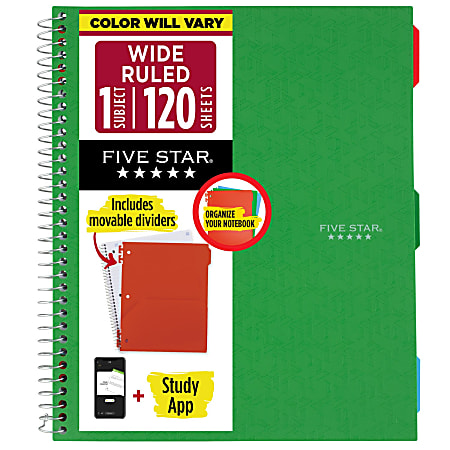 Five Star® Color Coded Notebook Plus Study App, 1 Subject, Wide Ruled, 8" x 10 1/2", Retro Green