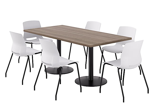KFI Studios Proof Rectangle Pedestal Table With Imme Chairs, 31-3/4”H x 72”W x 36”D, Studio Teak Top/Black Base/White Chairs