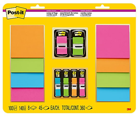 Post-it® Super Sticky Notes and Flags Combo Pack, 3" x 3", Assorted Colors, Pack Of 8 Pads And 6 Flags Packs
