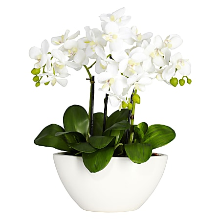 Nearly Natural 16"H Silk Triple Mini Phalaenopsis Flower Arrangement With Bowl Planter, White