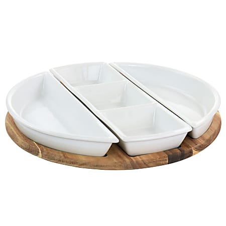 Gibson Elite Gracious Dining 4-Piece Fine Ceramic Sectional Tray Set With Acacia Wood Base, 2”H x 16-7/16”W x 14-7/16”D, White/Light Brown