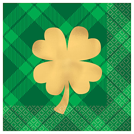 Amscan St. Patrick's Day 2-Ply Beverage Napkins, 5" x 5", Plaid Gold Shamrock, 16 Napkins Per Sleeve, Pack Of 4 Sleeves