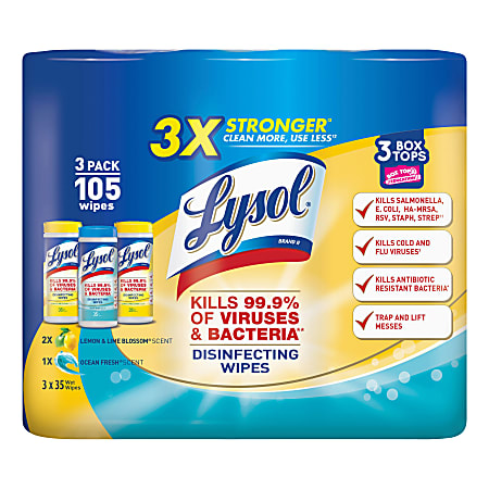 Lysol Disinfecting Wipes Pack - Wipe - Lemon Lime Blossom, Ocean Fresh Scent - 35 / Canister - 105 / Pack - White
