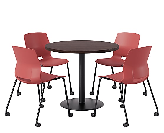 KFI Studios Proof Cafe Round Pedestal Table With Imme Caster Chairs, Includes 4 Chairs, 29”H x 36”W x 36”D, Cafelle Top/Black Base/Coral Chairs