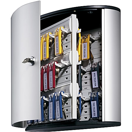 Durable 54-Key Locking Tag-Style Aluminum Key Tag Cabinet, 11" x 11 3/4" x 4 5/8", Silver