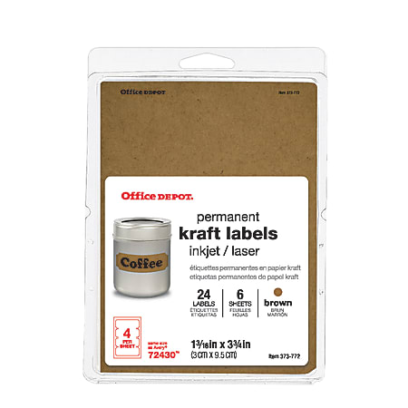 Office Depot® Brand Permanent Inkjet/Laser Rectangular Labels, 7278272430, 1 3/16" x 3 3/4", Kraft, Pack Of 24